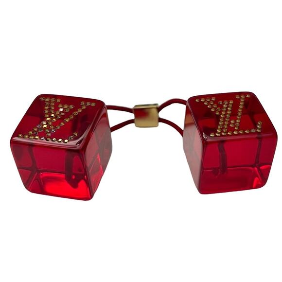 AUTH Louis Vuitton Red Lucite Rhinestone LV Logo Jumbo Hair Tie Cube Bobble - Picture 8 of 16
